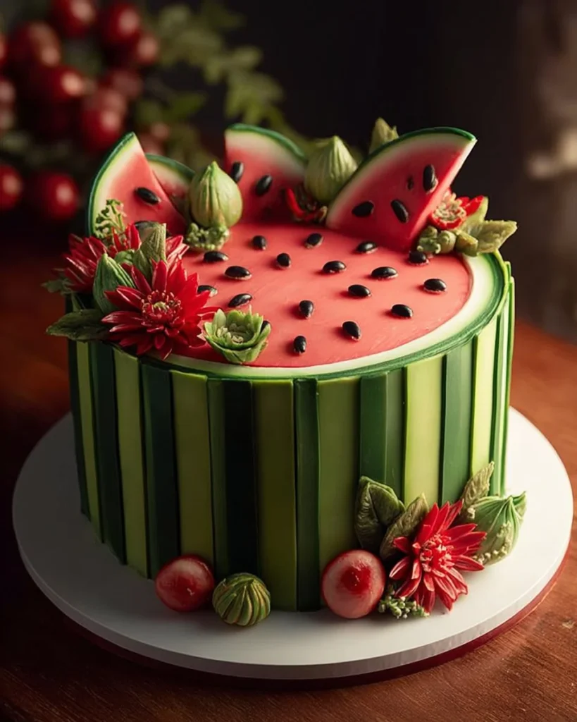 Refreshing Watermelon Delight Cake topped with fresh watermelon slices and whipped cream