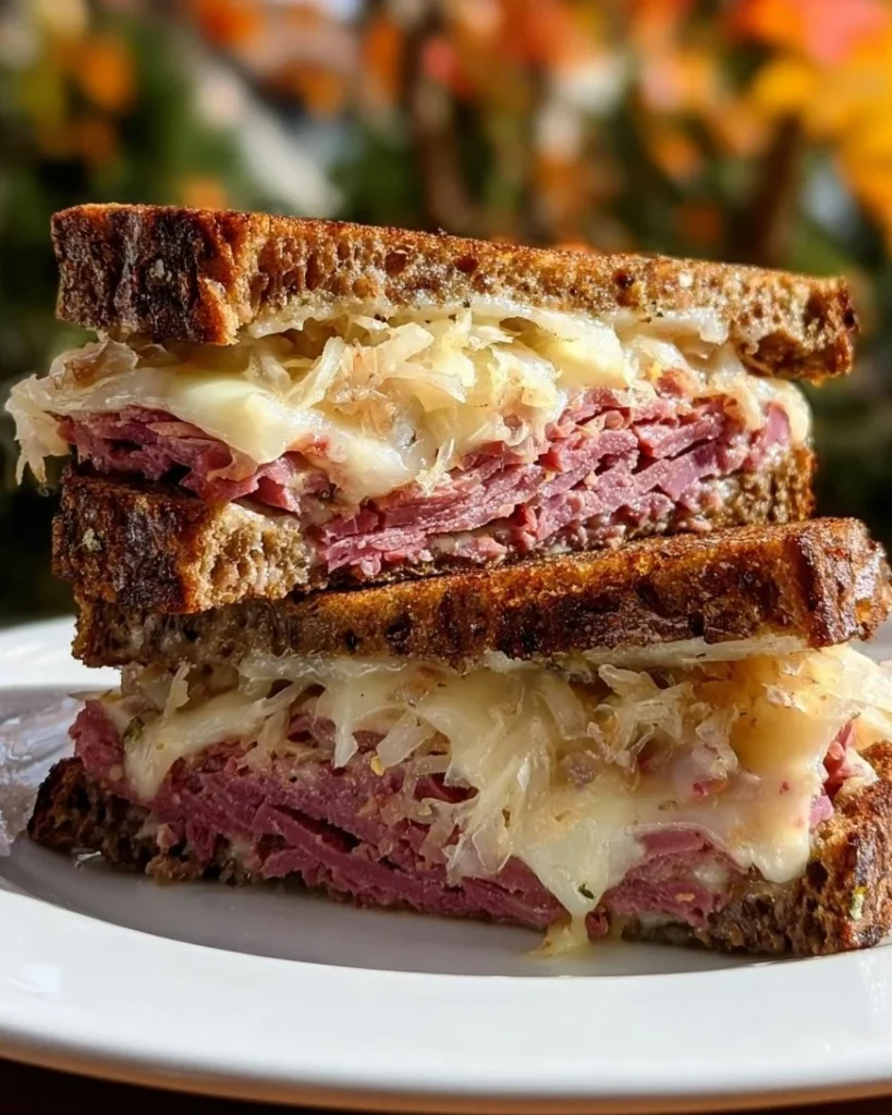 Reuben Sandwich II with corned beef, sauerkraut, and Swiss cheese on rye bread