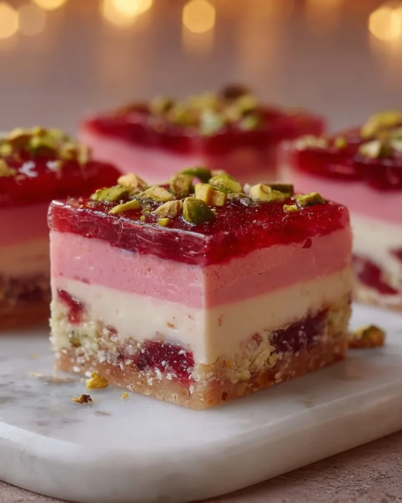 Rhubarb Cherry Pistachio Cheesecake Bars, a delicious dessert treat