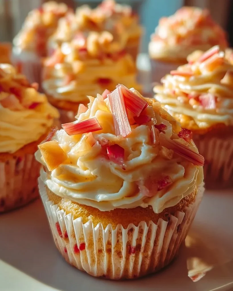Delicious Rhubarb Honey Peach Cream Cheese Cupcakes with vibrant colors.