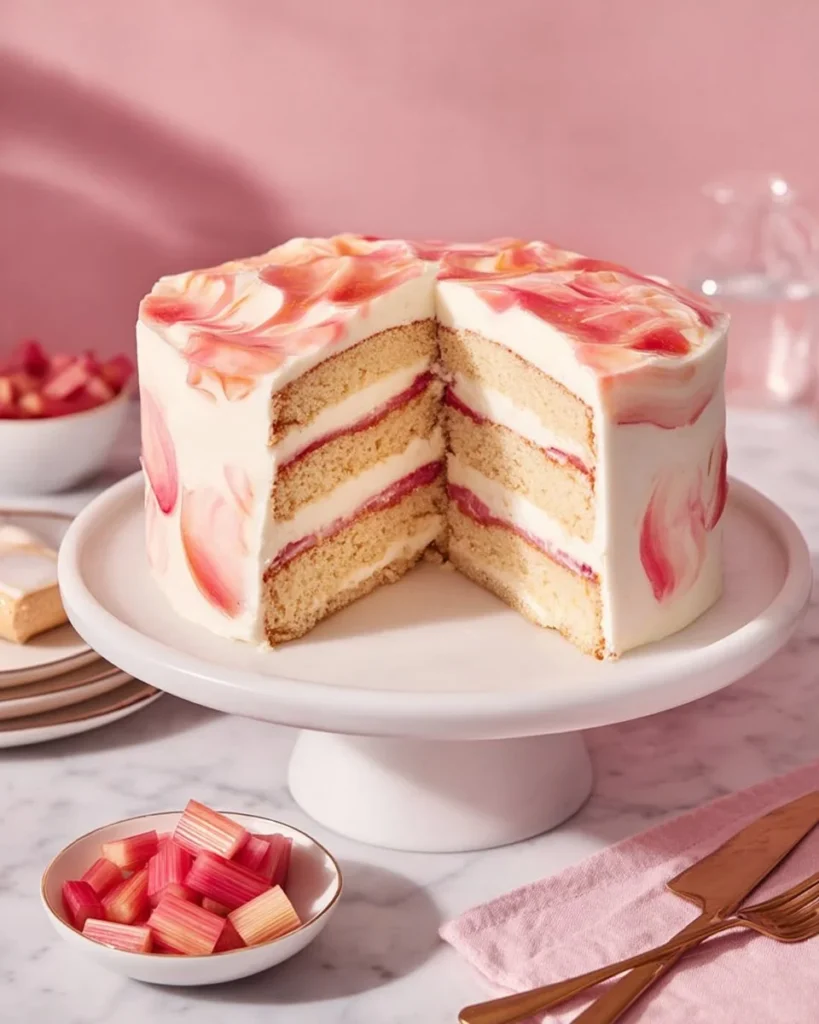 Delicious Rhubarb Quark Cake topped with fresh rhubarb and creamy quark filling.