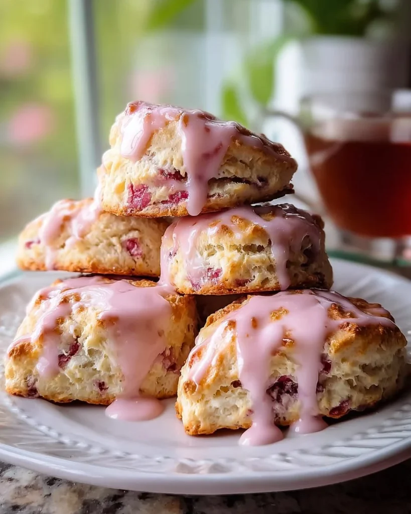 Delicious rhubarb scones with sweet vanilla glaze on a rustic wooden table