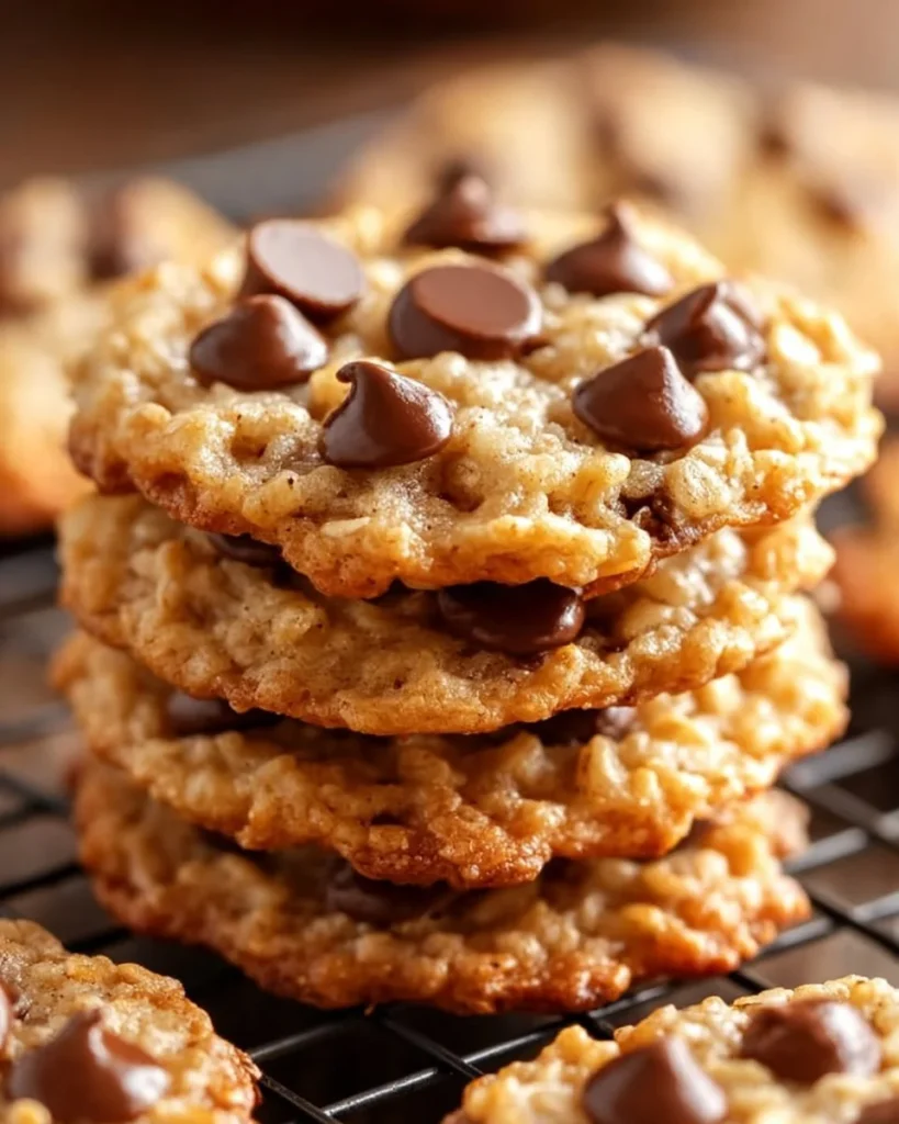 Delicious Rice Krispie chocolate chip cookies stacked on a plate