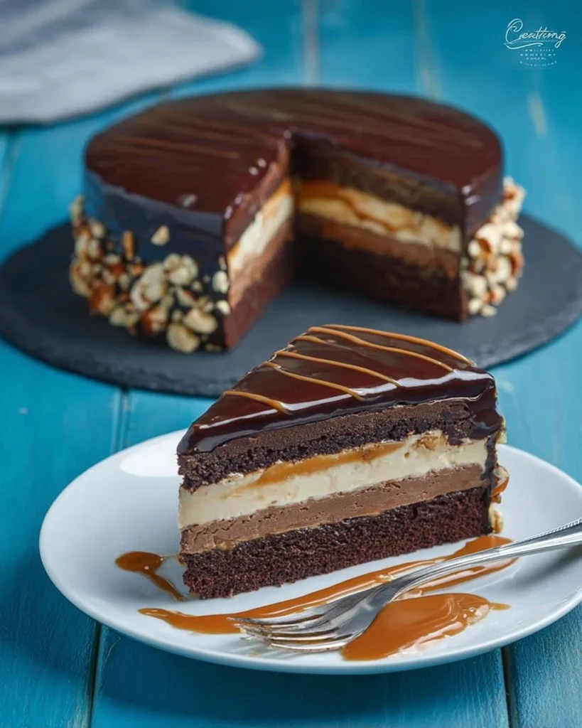 Slice of rich and decadent triple-layer chocolate cake on a plate