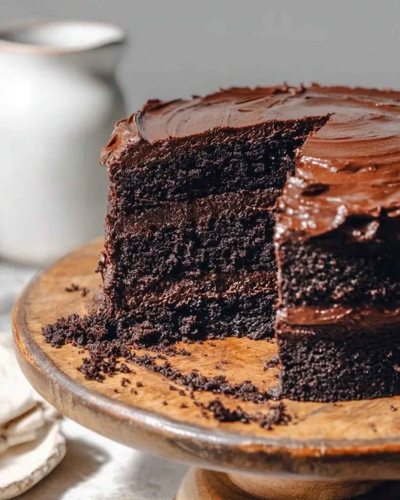 Delicious triple-layer chocolate cake with rich frosting and decorations