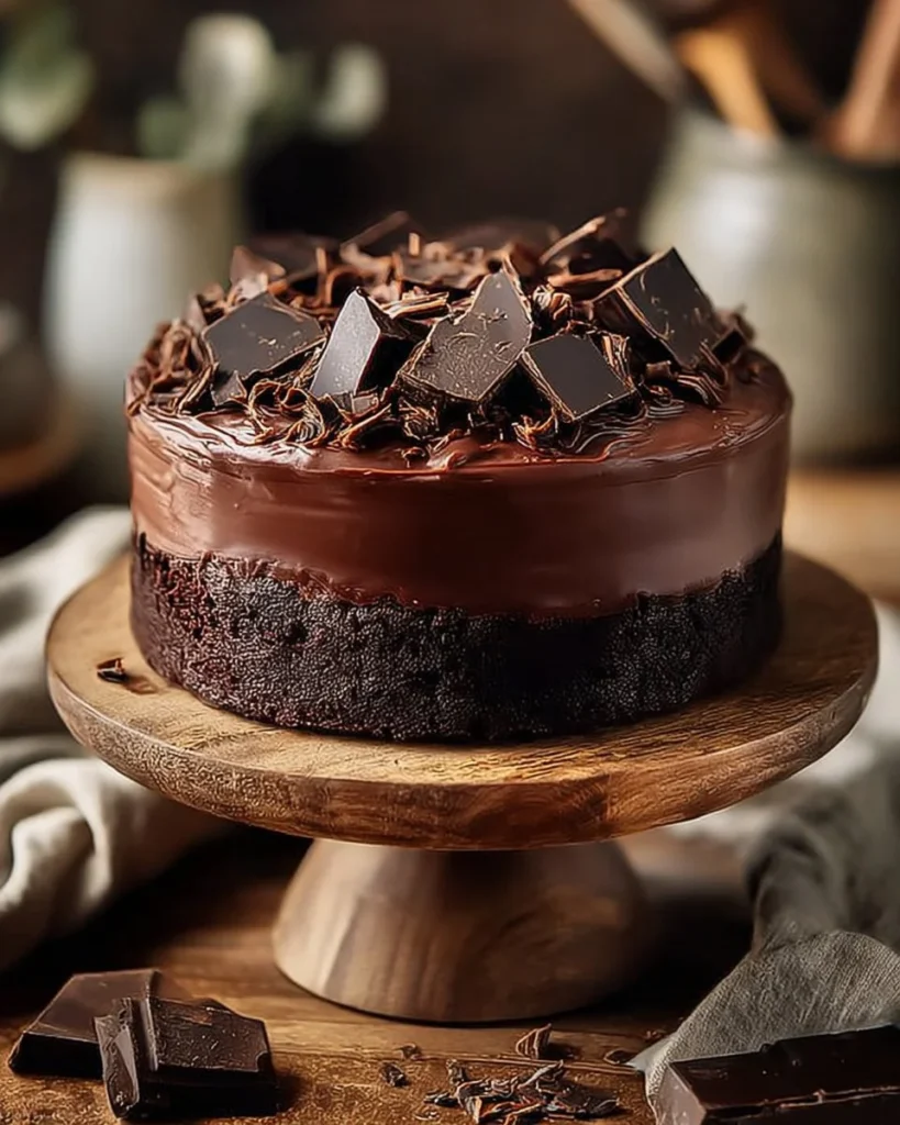 Rich chocolate cake with glossy chocolate frosting on a white plate