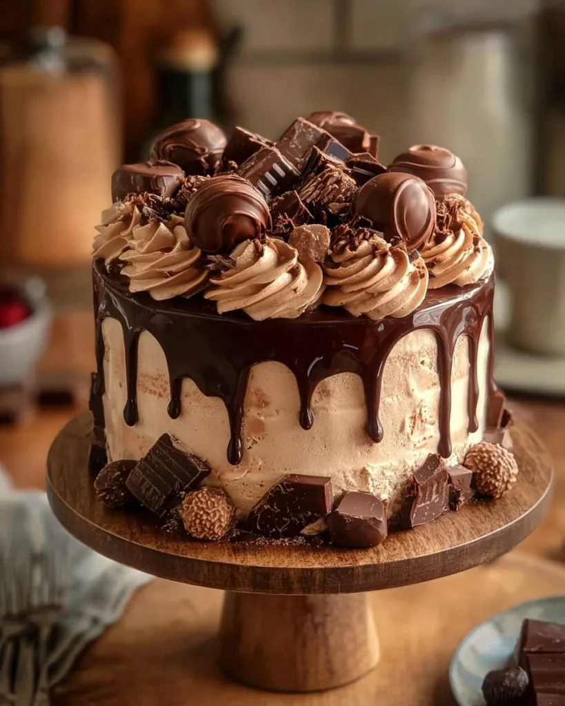 Rich Chocolate Drip Cake topped with creamy frosting and a chocolate drip decoration