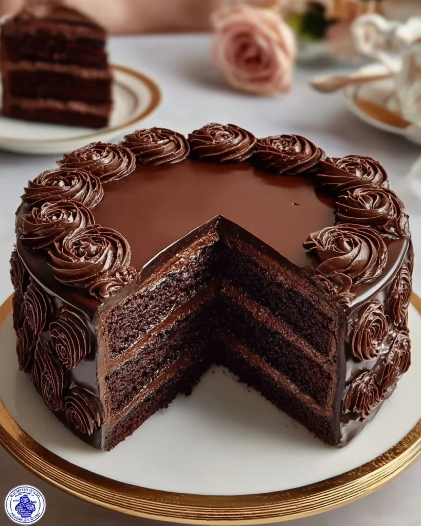 Decadent rich chocolate layer cake with chocolate frosting and decorations