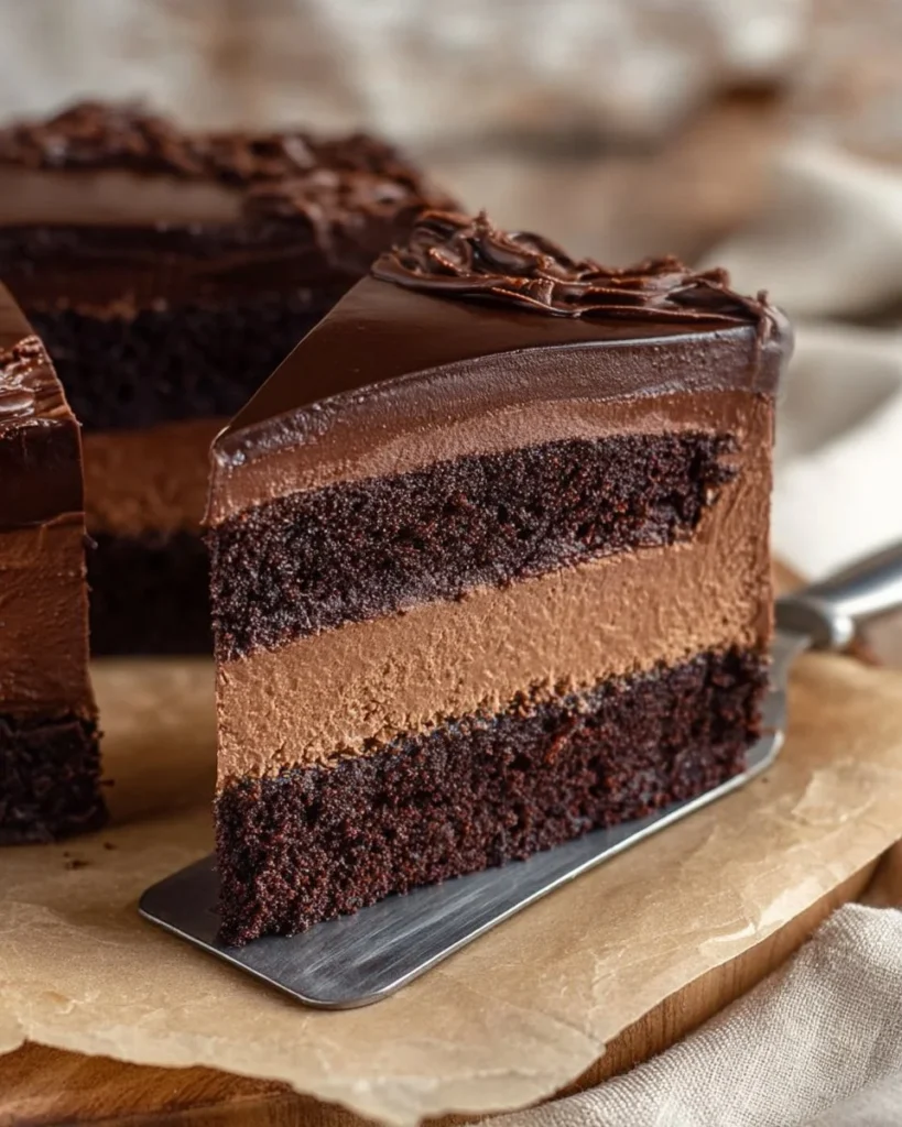 Delicious rich chocolate mousse cake topped with chocolate shavings