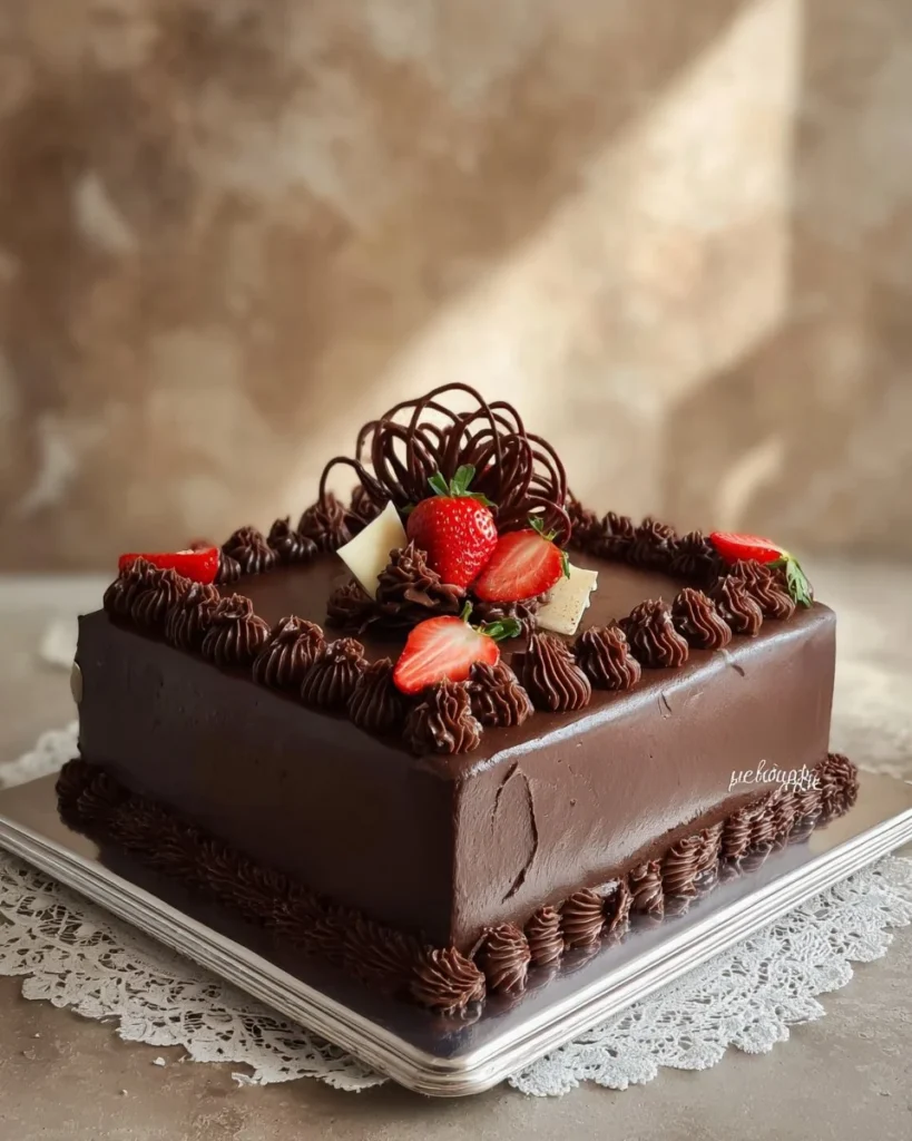 Rich chocolate square fudge cake topped with fresh strawberries