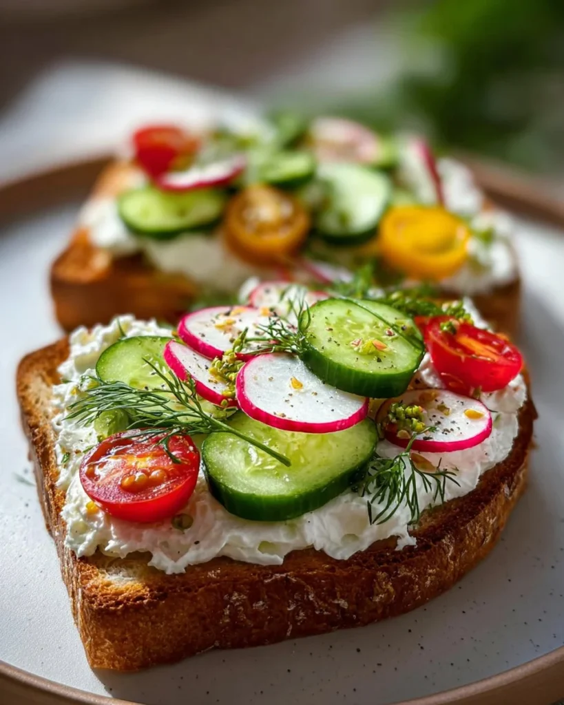 Ricotta toast topped with fresh herbs and colorful vegetables