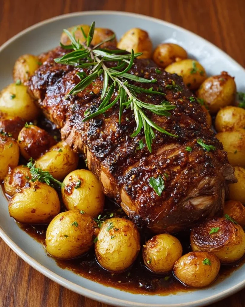 Delicious roast lamb leg served with savory gravy and fresh herbs