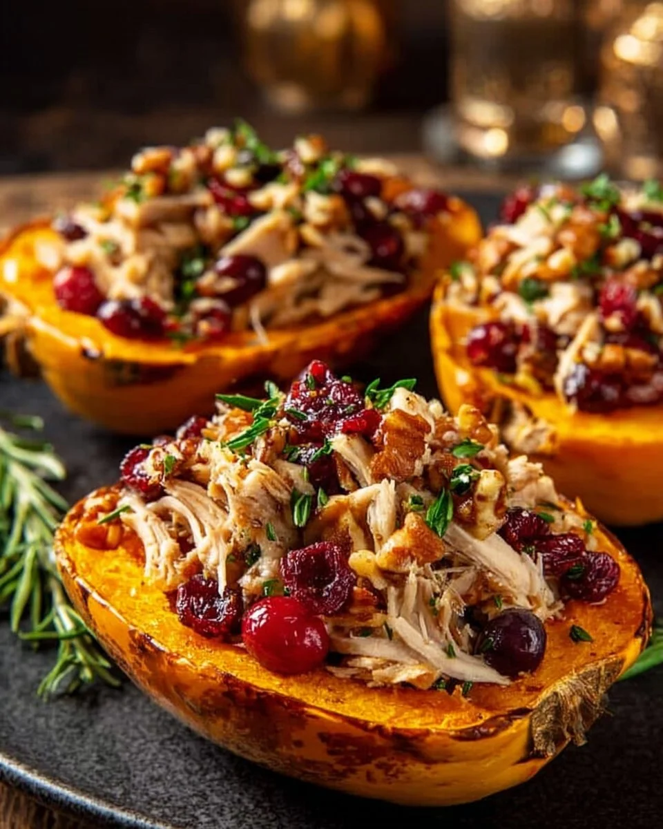Roast turkey and cranberry stuffed sweet potatoes served on a festive table
