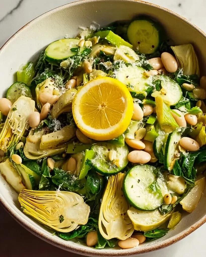 Delicious roasted artichoke white bean salad in a bowl, garnished with herbs.