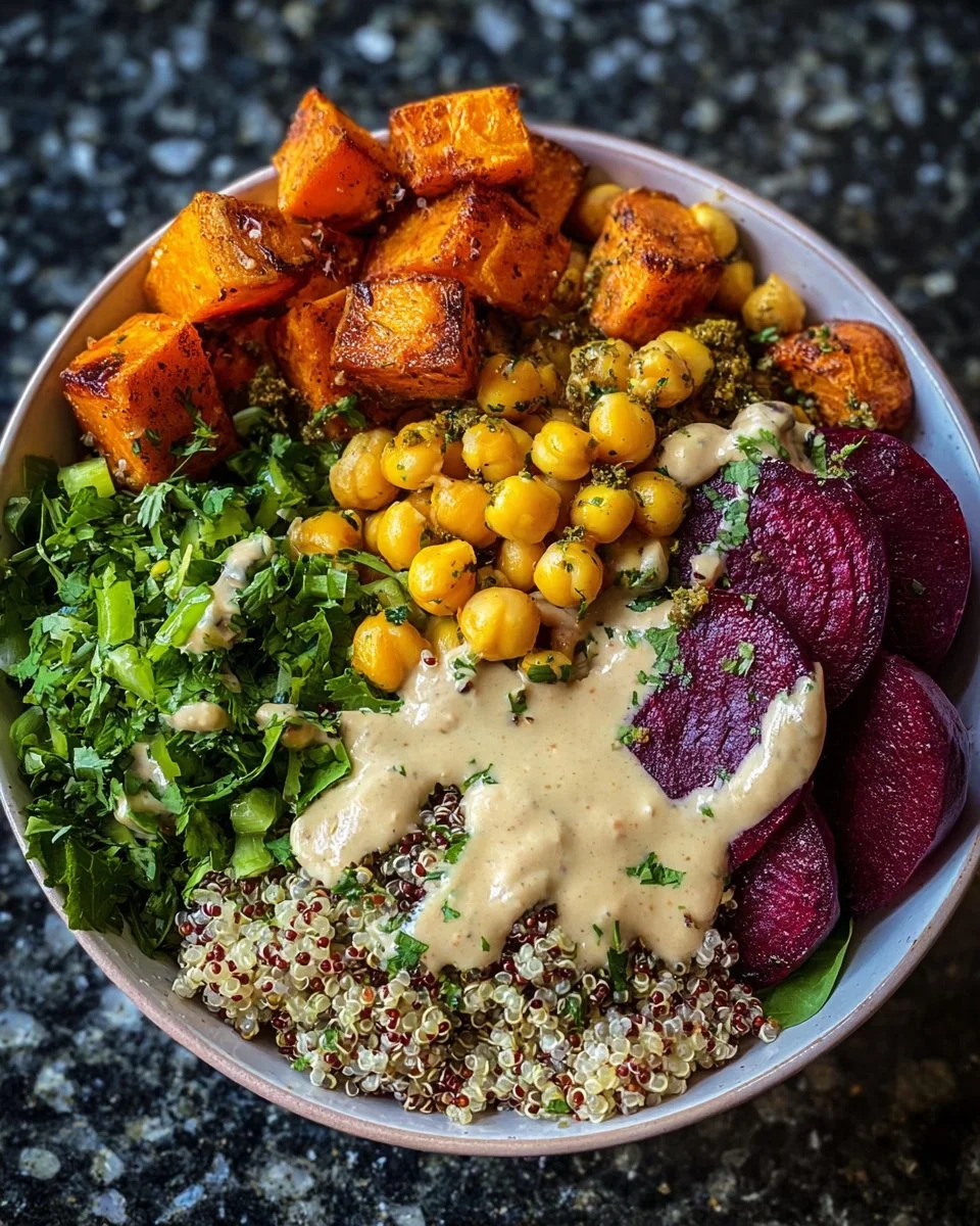 A colorful Roasted Beet and Sweet Potato Buddha Bowl packed with fresh vegetables and grains.