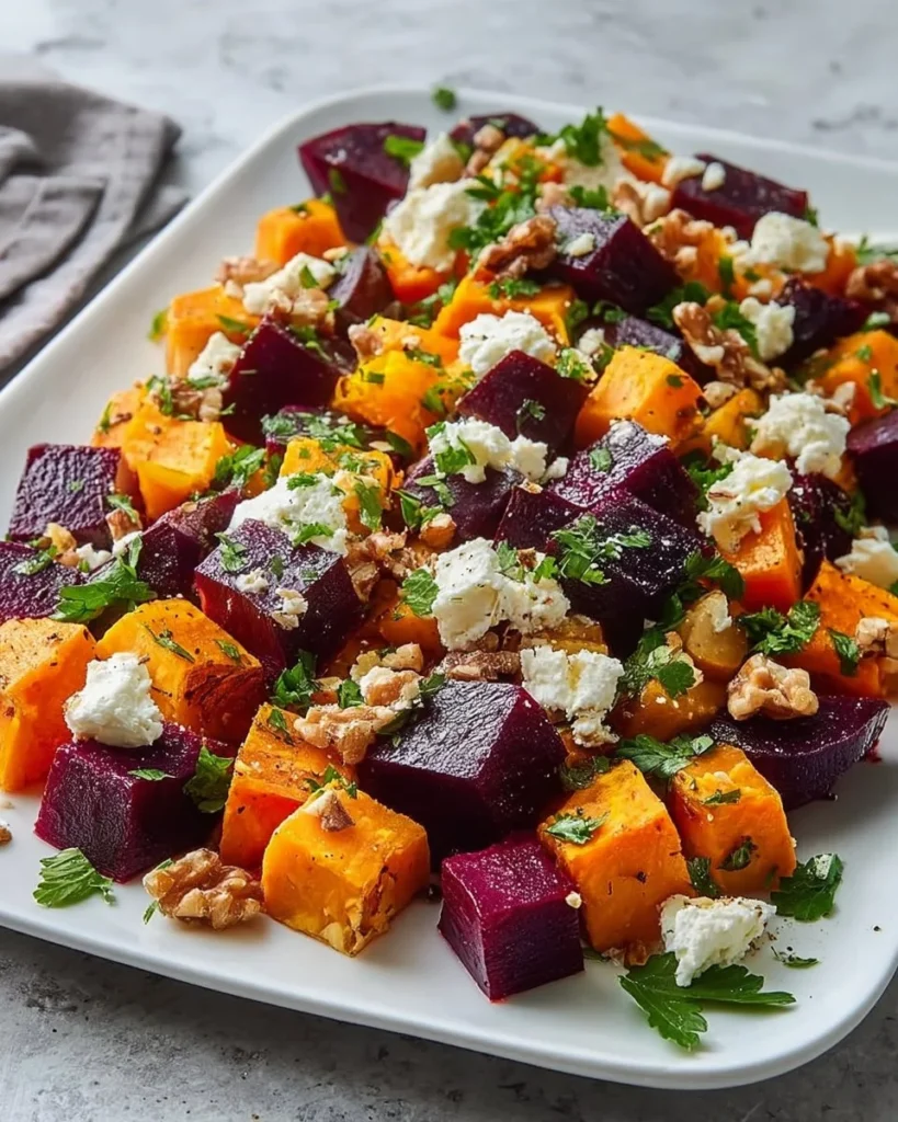 Roasted beet and sweet potato salad topped with feta and yogurt dressing.