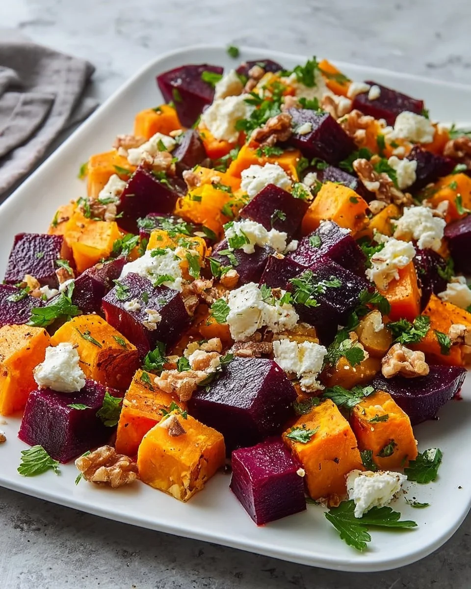 Roasted beet and sweet potato salad topped with feta and yogurt dressing.