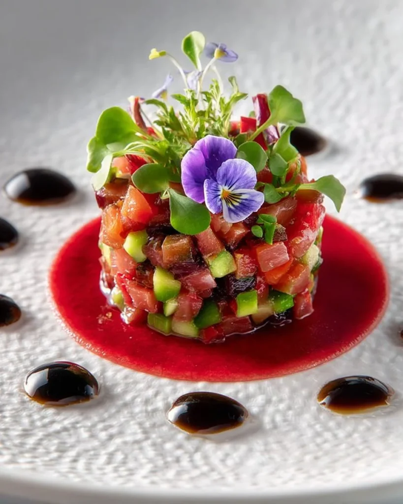 Roasted beetroot and tomato salad with fresh greens and vinaigrette