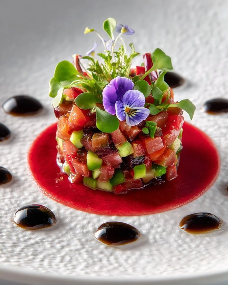 Roasted beetroot and tomato salad with fresh greens and vinaigrette