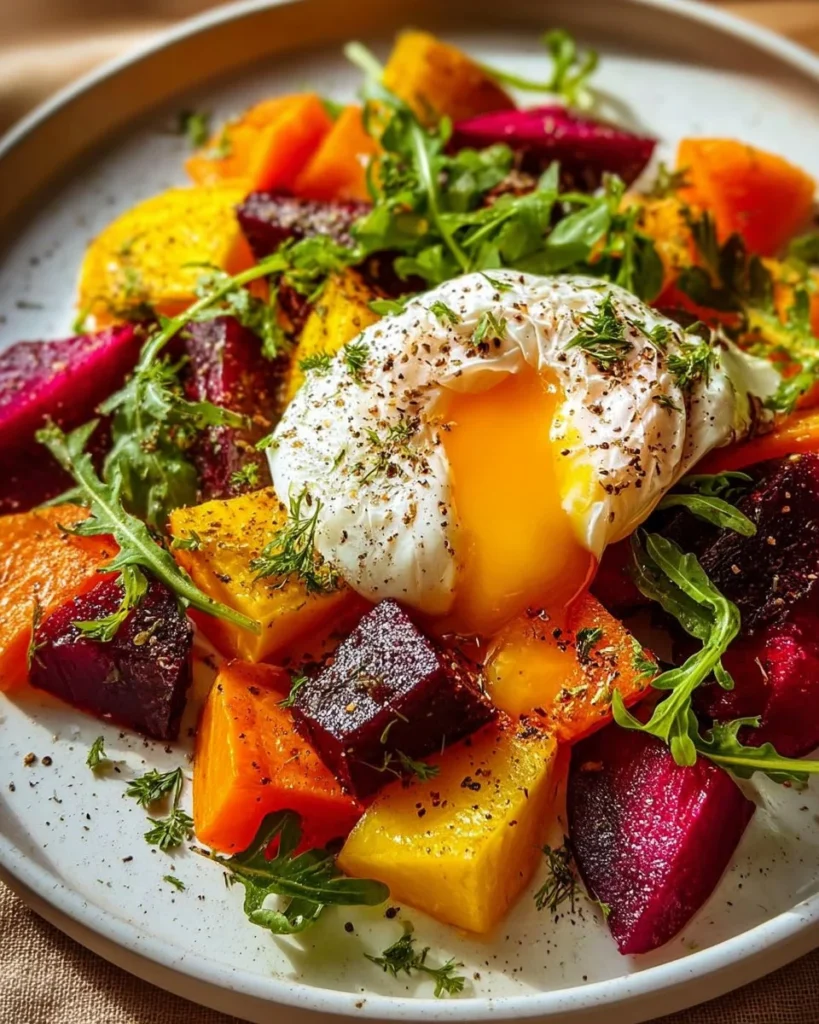 Roasted beets and carrots salad topped with creamy burrata cheese.