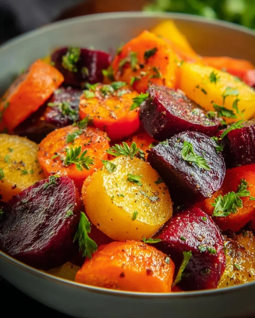Roasted beets and carrots with maple vinaigrette on a white plate