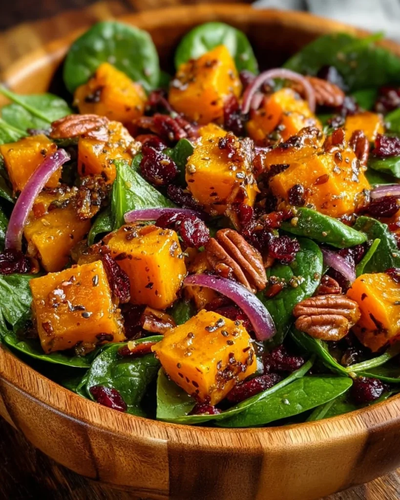 Roasted butternut squash salad with spinach and toppings