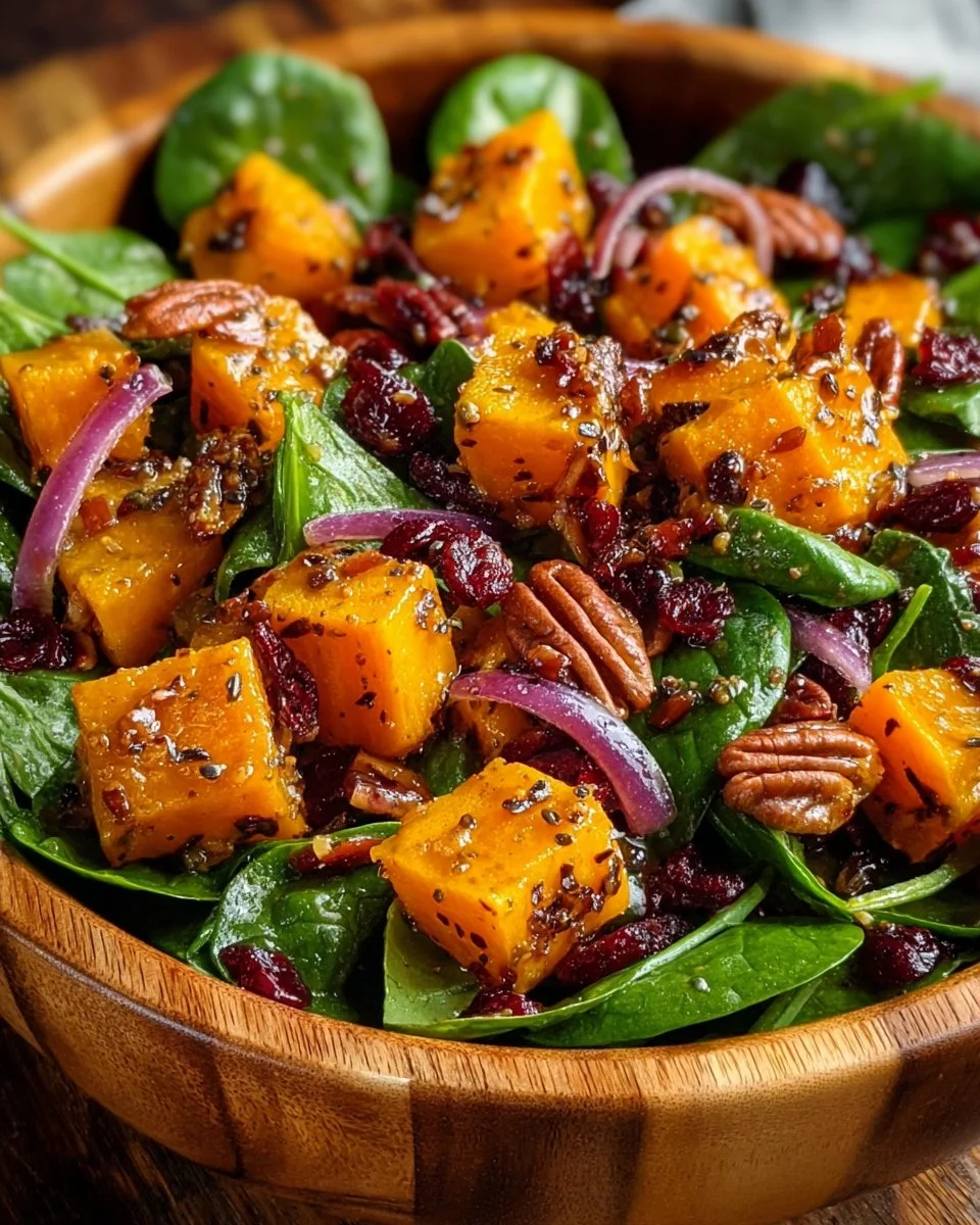 Roasted butternut squash salad with spinach and toppings