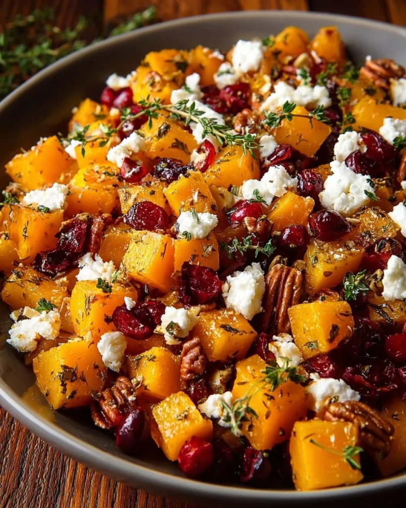 Roasted butternut squash with cranberries, pecans, and feta cheese