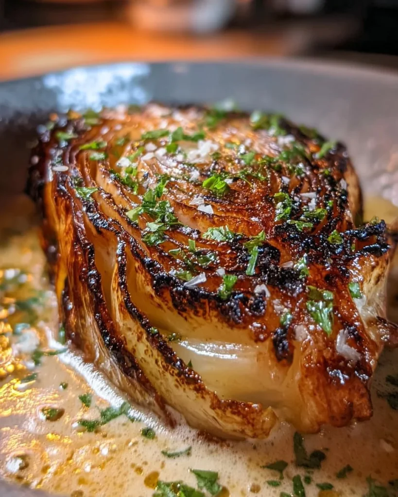 Delicious roasted cabbage wedges topped with creamy garlic parmesan sauce