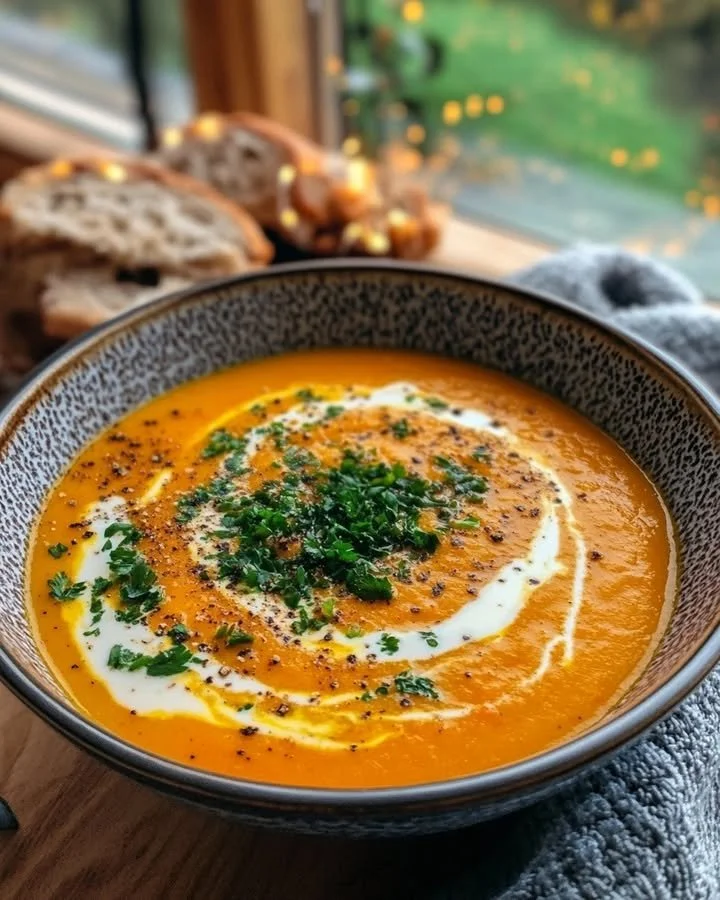 Bowl of roasted carrot ginger soup garnished with fresh herbs