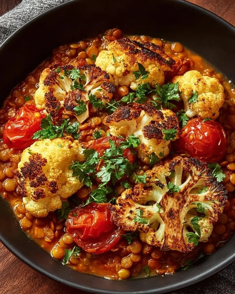 Roasted cauliflower in coconut tomato sauce with lentils, vibrant and healthy dish.