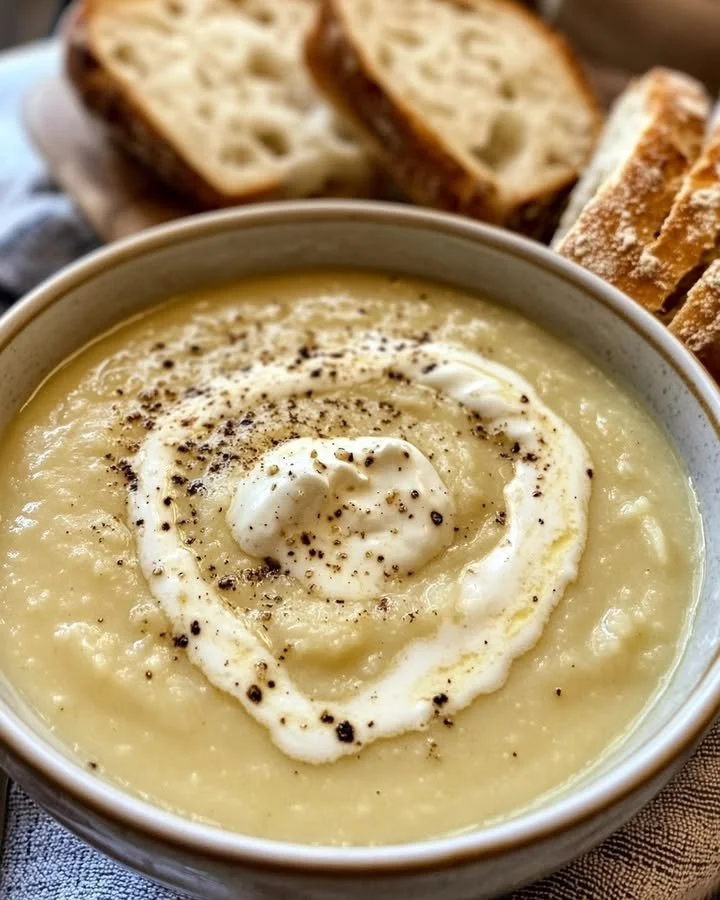 Bowl of roasted cauliflower soup garnished with herbs