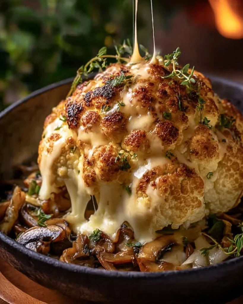 Roasted cauliflower with mushroom and Gruyere sauce on a plate