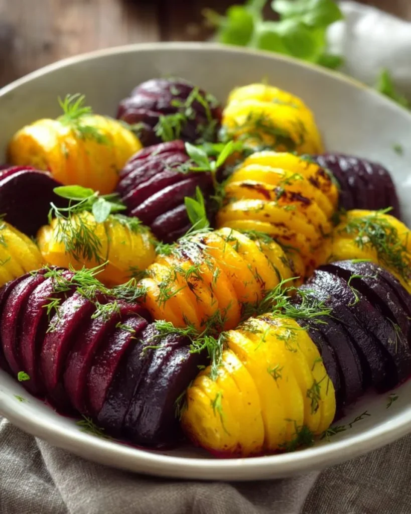 Roasted Hasselback beets drizzled with dill dressing on a white plate.