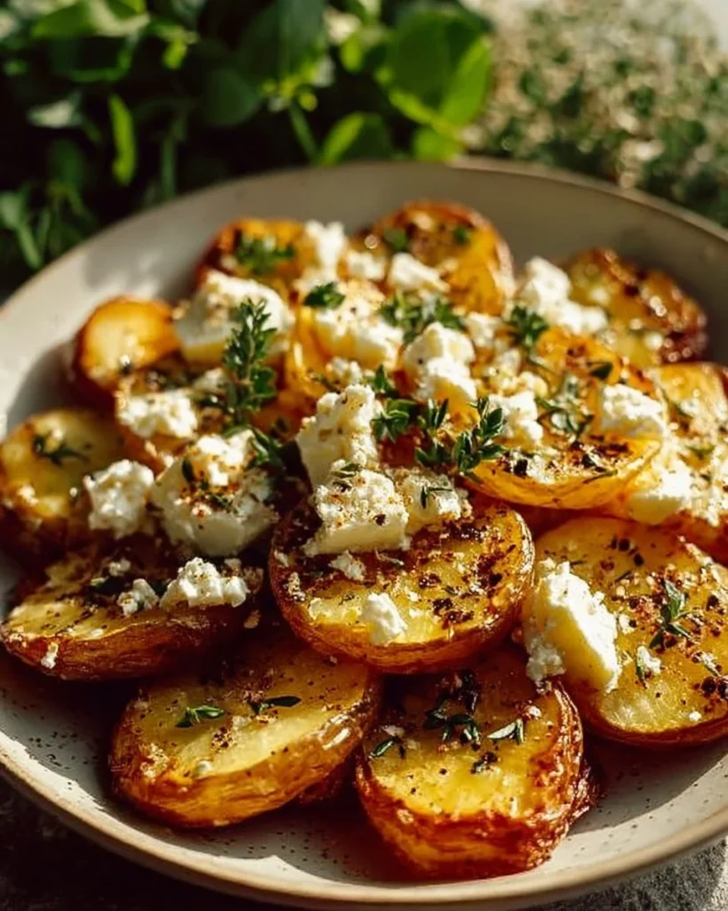 Deliciously roasted potatoes topped with baked feta cheese and garlic