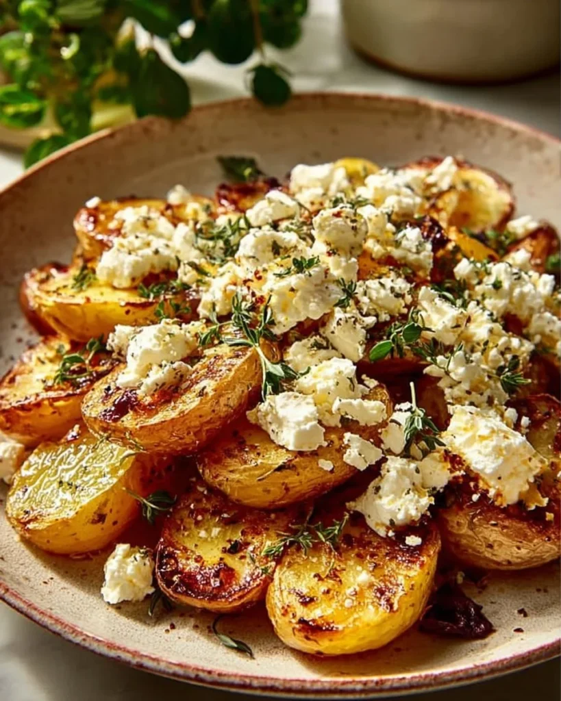 Plate of roasted potatoes topped with baked feta and garlic
