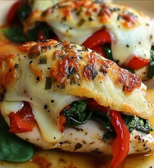 Roasted red pepper, spinach, and mozzarella stuffed chicken on a plate