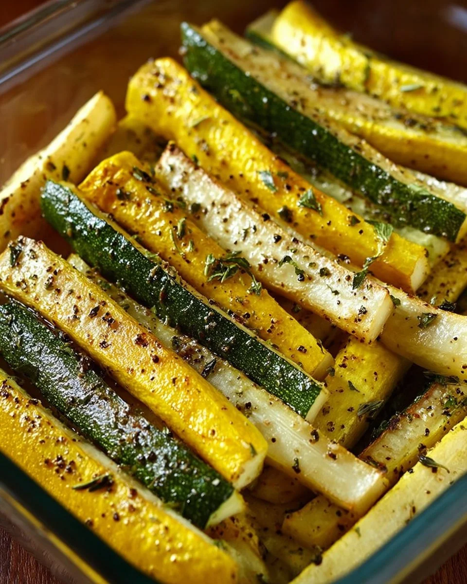Delicious roasted summer squash spears on a plate garnished with herbs.