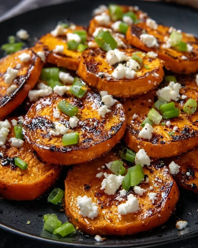 Roasted sweet potato rounds topped with honey and feta cheese, served as a delicious snack.