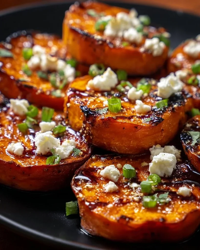 Roasted sweet potato rounds drizzled with honey and topped with feta cheese.