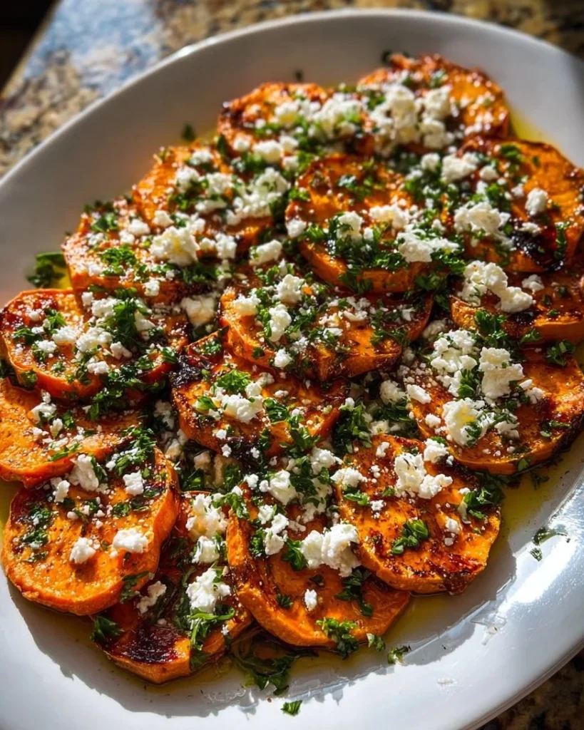 Roasted sweet potato rounds drizzled with honey and topped with feta cheese