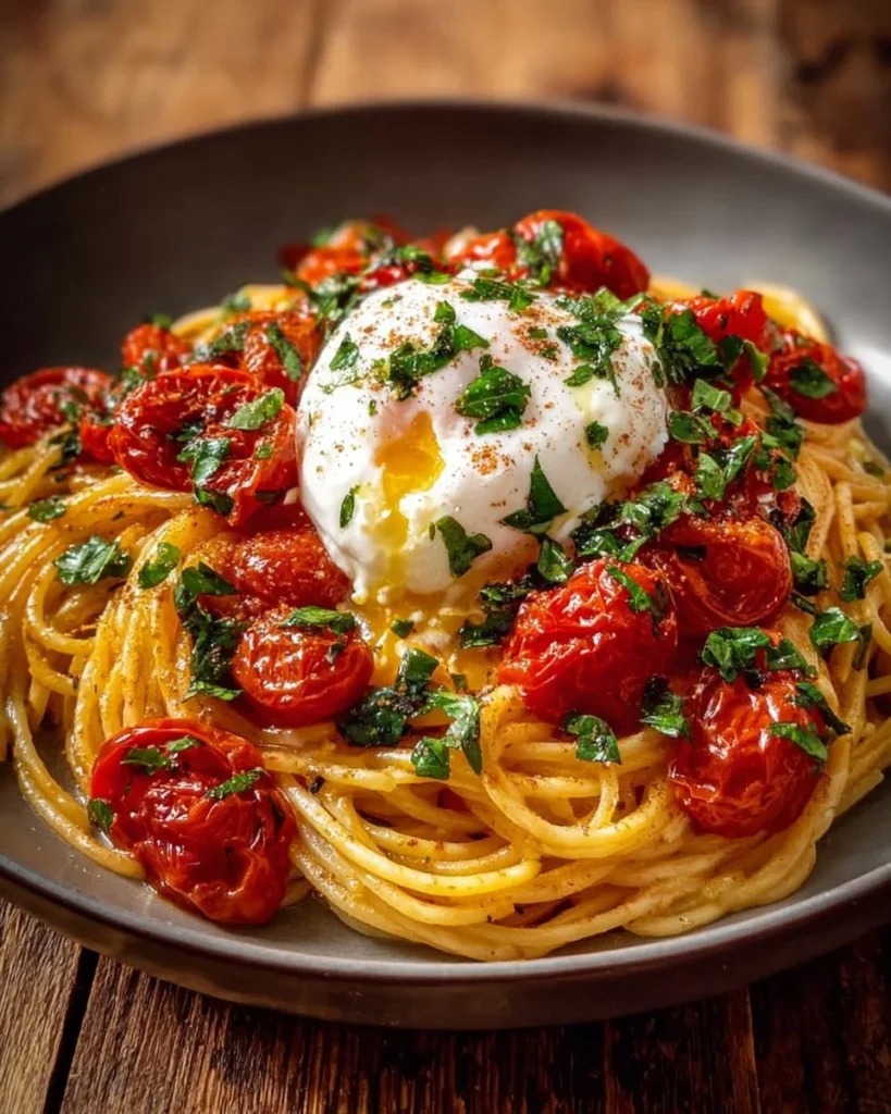 Delicious roasted tomato and burrata basil pasta dish garnished with fresh basil.