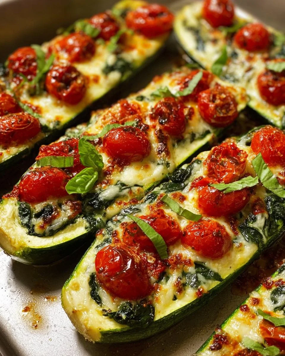 Roasted tomato, spinach, and ricotta stuffed zucchini boats plated on a table.