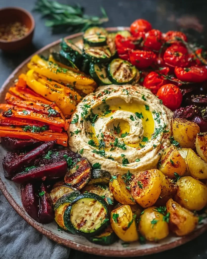 Colorful Roasted Veggie Bowl with hummus, featuring assorted vegetables and grains.