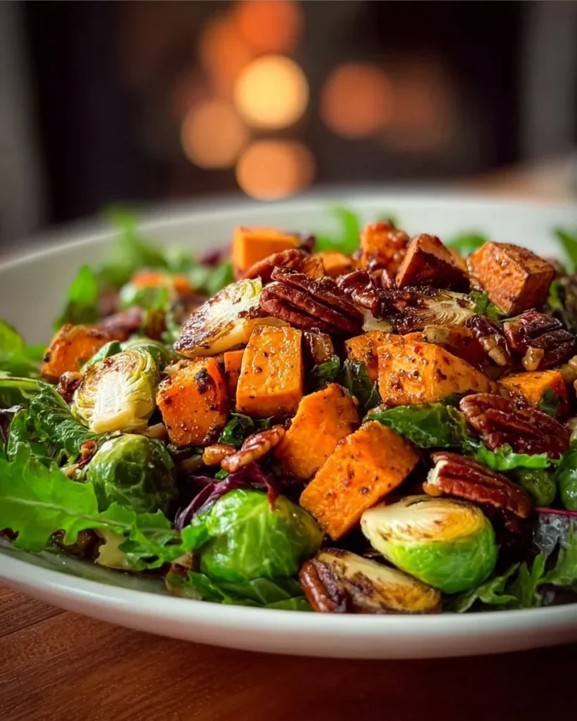 Roasted Winter Vegetable Salad with Maple Dijon Dressing served in a bowl