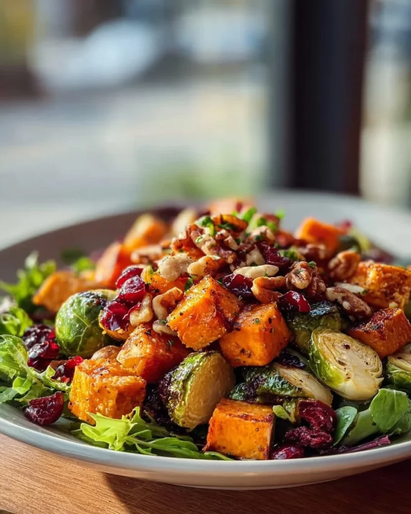 Roasted winter vegetable salad with maple Dijon dressing served in a bowl.