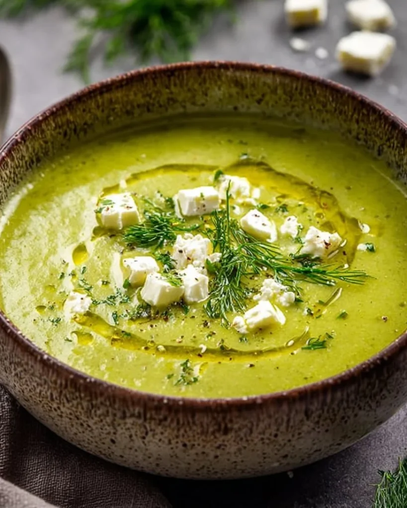 Bowl of roasted zucchini feta soup garnished with herbs