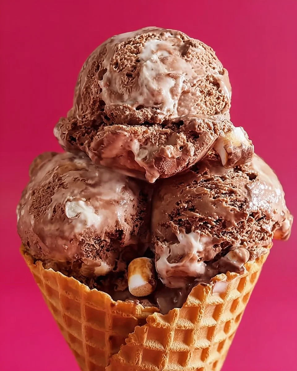 Scoop of Rocky Road ice cream topped with marshmallows and nuts