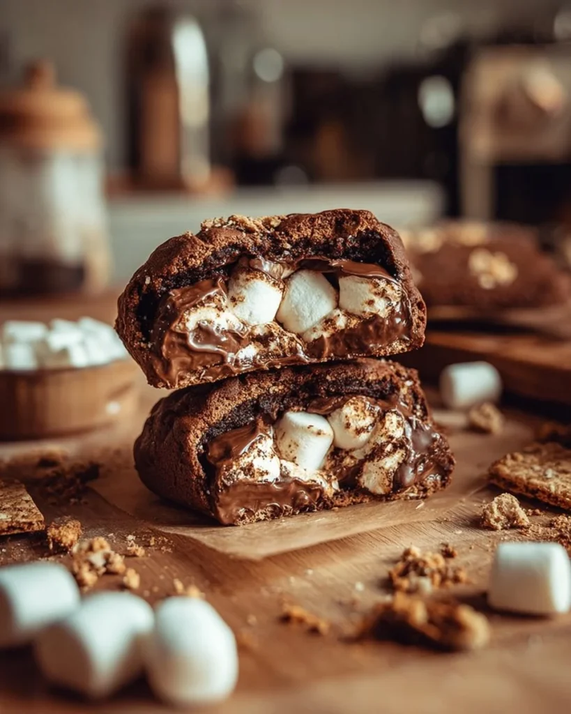 Rocky Road Stuffed Marshmallow Cookies with chocolate and marshmallows