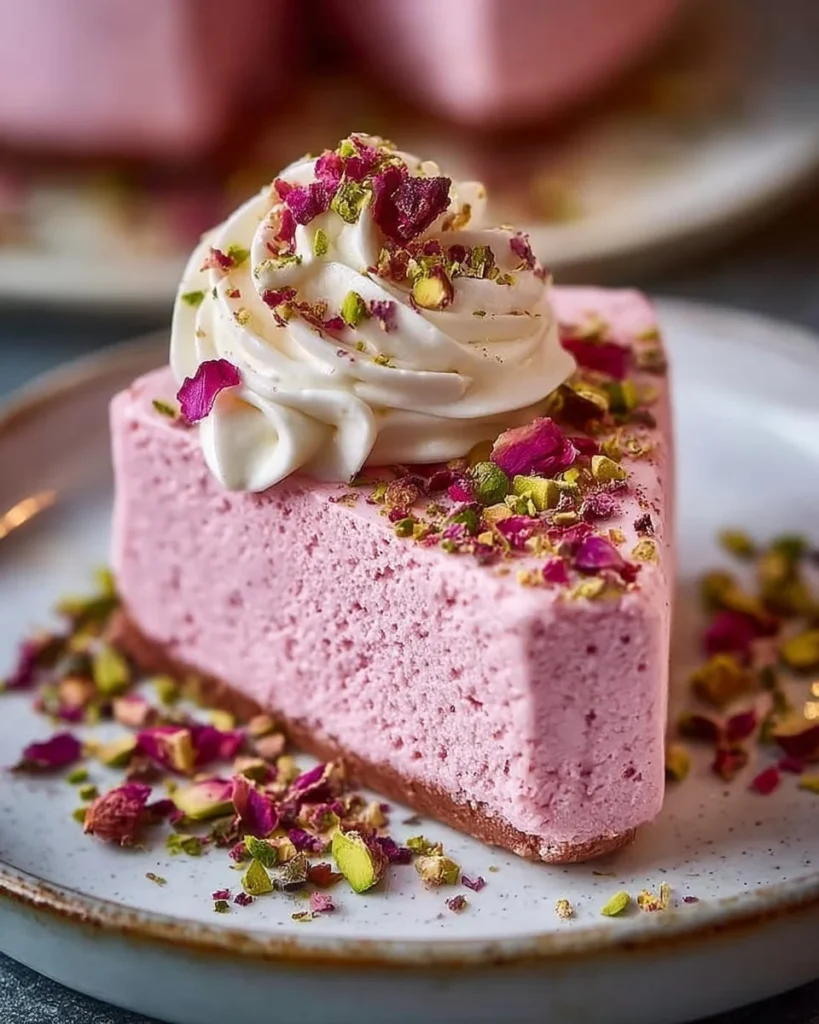 Delicious rose milk cake topped with cream and rose petals